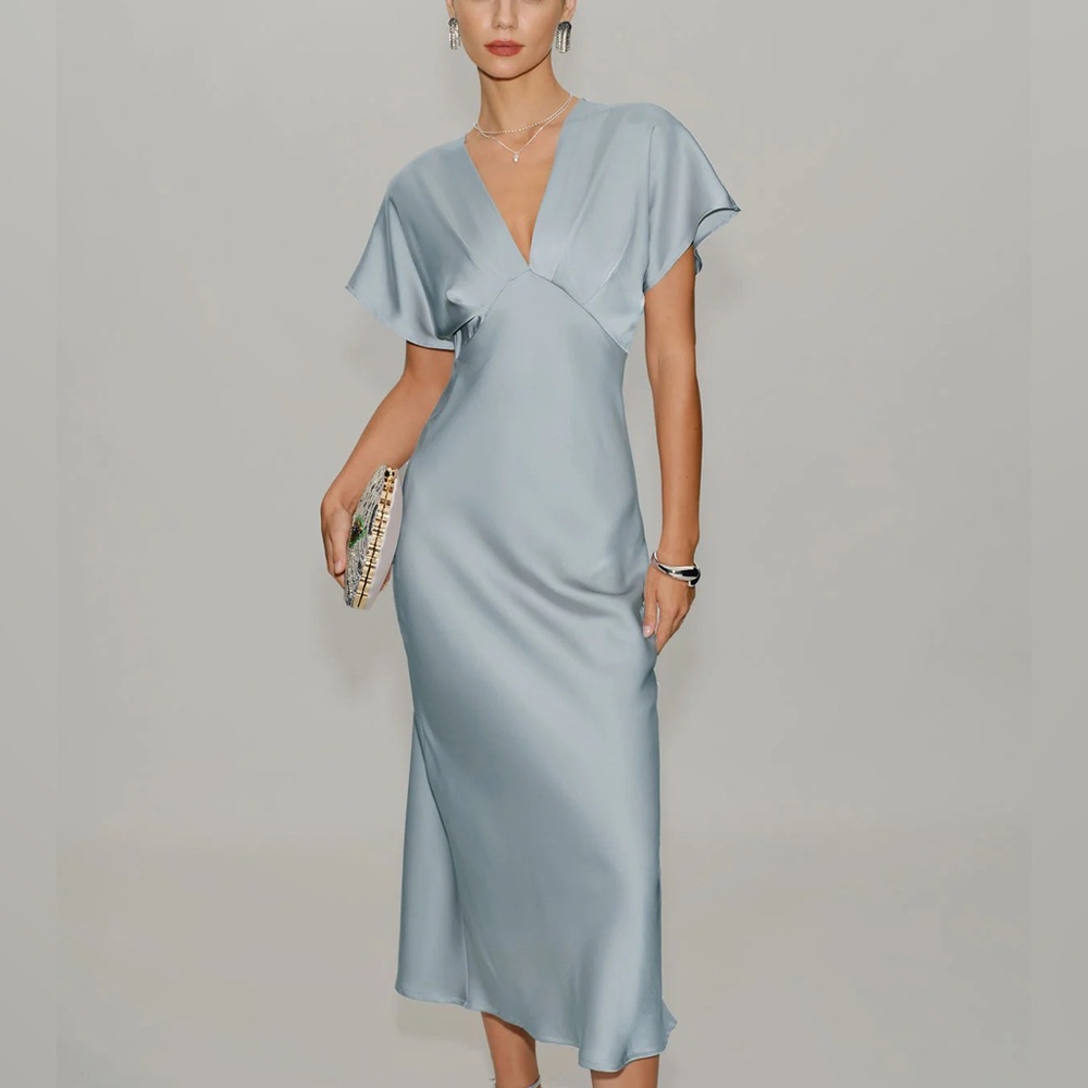 Rihoas Blue Satin Cowl Sleeve Midi Dress